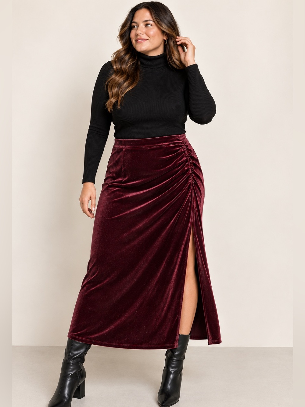 Old Navy Burgundy Velvet Ruched Side Slit Midi Skirt XXL Tall Holiday Romantic